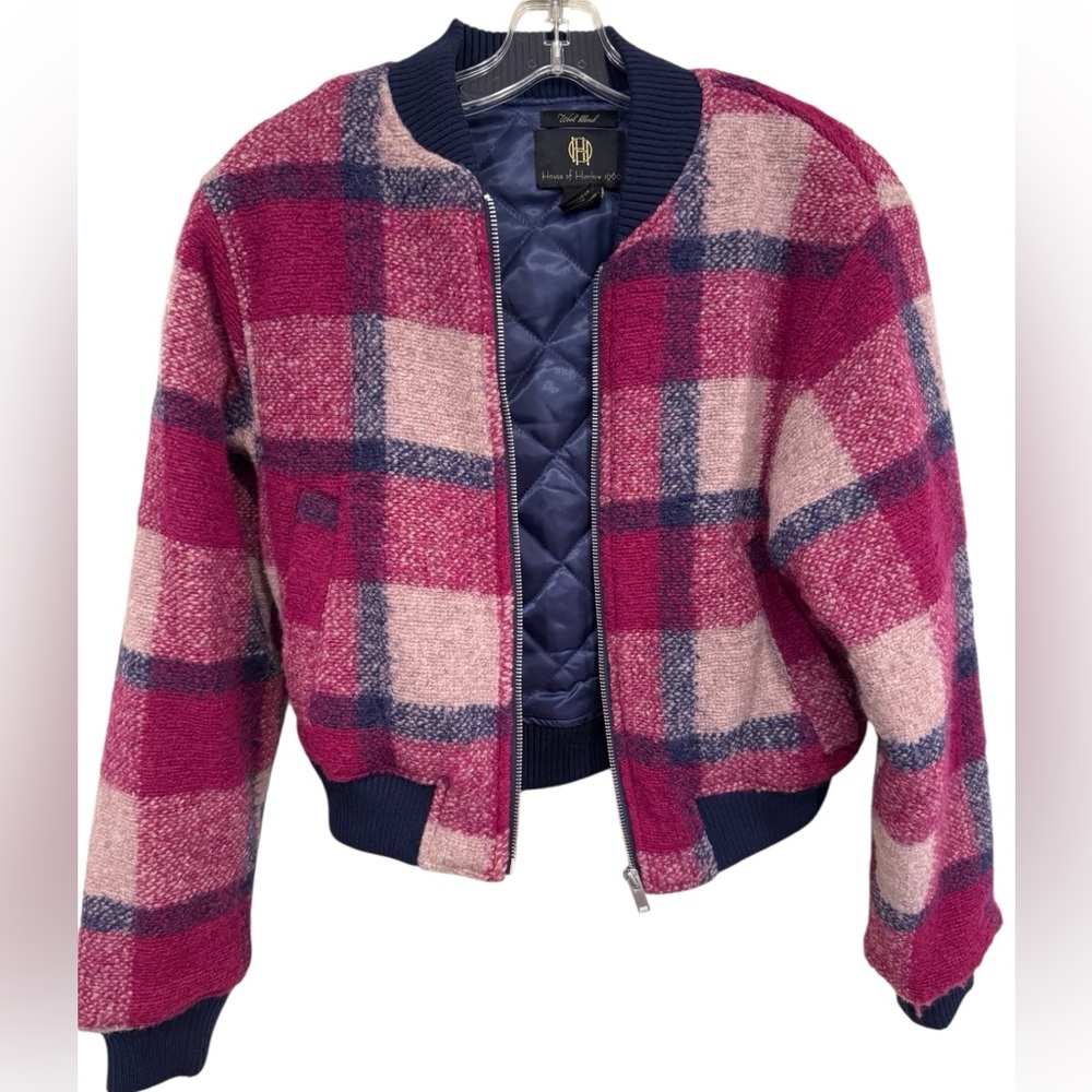 House of Harlow 1960 Pink and Blue Plaid Bomber Jacket
